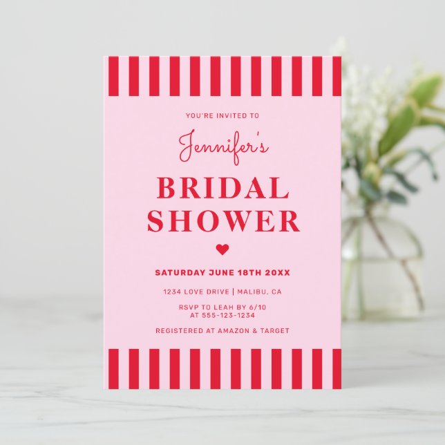Retro Red & Pink Stripes Bridal Shower Invitation (Standing Front)