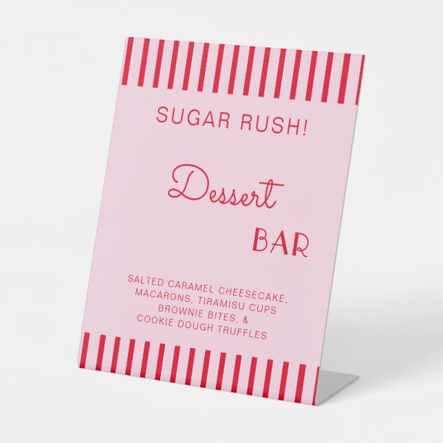Retro Red & Pink Stripes Dessert Bar Bachelorette Pedestal Sign (Front)