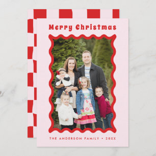 Retro Red Pink Wavy Frame Photo Merry Christmas  Holiday Card