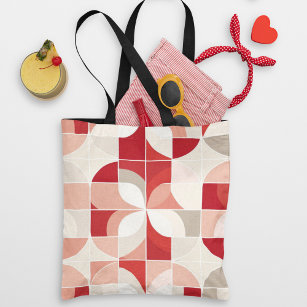 Retro Red Pink White Mid Century Bauhaus Pattern Tote Bag