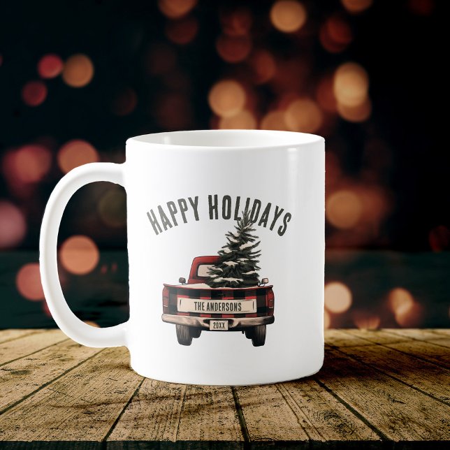 Retro Red Plaid Christmas Truck Custom Family Name Coffee Mug (Creator Uploaded)