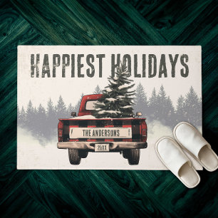 Retro Red Plaid Christmas Truck Custom Family Name Doormat