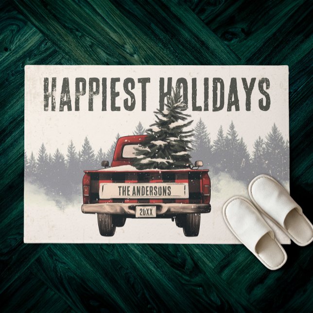 Retro Red Plaid Christmas Truck Custom Family Name Doormat (Creator Uploaded)