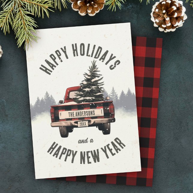 Retro Red Plaid Christmas Truck Custom Family Name Holiday Card (Creator Uploaded)