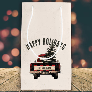 Retro Red Plaid Christmas Truck Custom Family Name Small Gift Bag