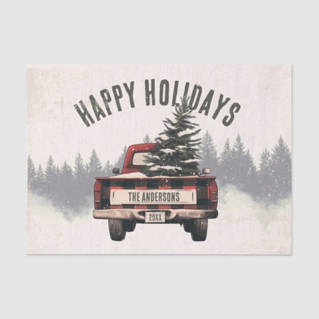 Retro Red Plaid Christmas Truck Custom Family Name Tissue Paper (Front)