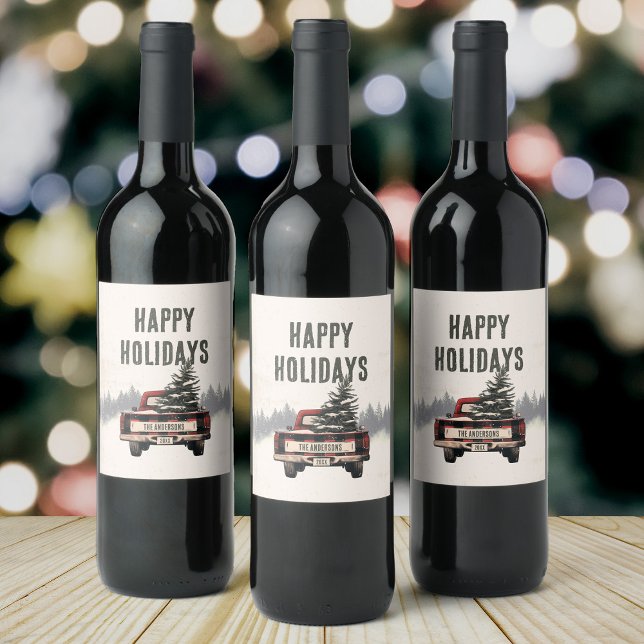 Retro Red Plaid Christmas Truck Custom Family Name Wine Label (Creator Uploaded)