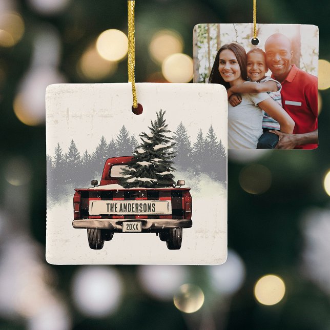 Retro Red Plaid Christmas Truck Custom Photo Ceramic Ornament (Creator Uploaded)