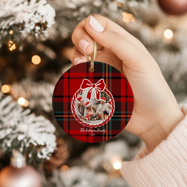 Retro Red Plaid Whimsical Christmas  Ceramic Ornament (Creator Uploaded)