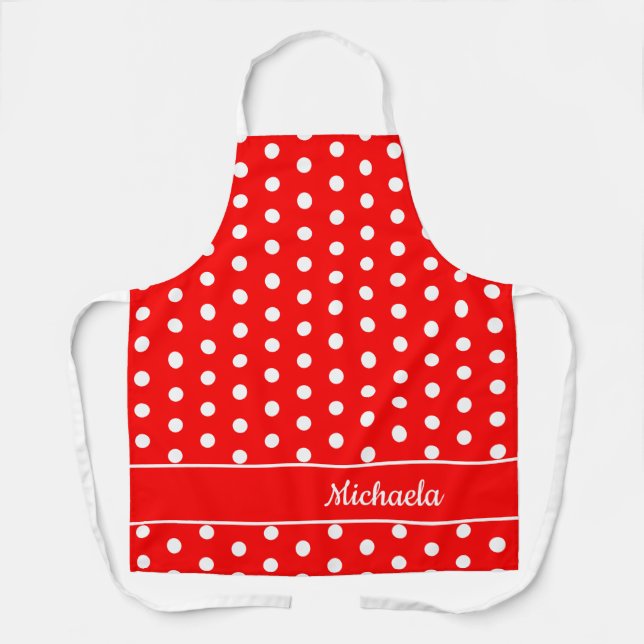 Retro Red Polka Dot Pattern Customizable Name Apron (Front)
