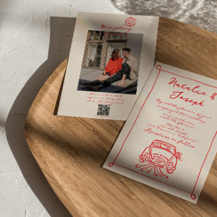 Retro Red QR Code Hand Drawn Written Photo Wedding Invitation