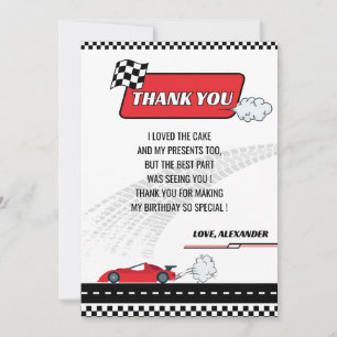 Retro red race car boy birthday party  thank you card