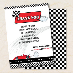 Retro red race car boy birthday party  thank you card