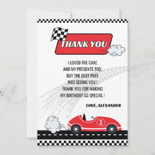 Retro red race car boy birthday party  thank you card