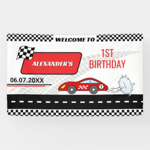 Retro red race car boy fast one boy 1st birthday  banner