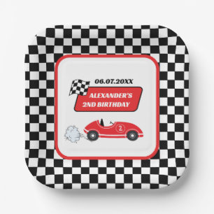 Retro red race car racing boy 2nd birthday paper plate