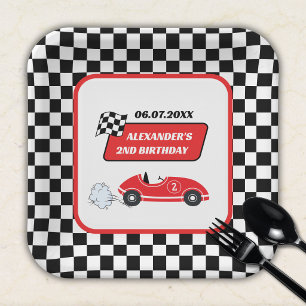 Retro red race car racing boy 2nd birthday  paper plate