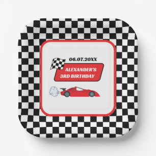 Retro red race car racing boy 3rd birthday  paper plate