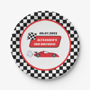 Retro red race car racing boy 3rd birthday paper plate
