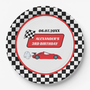 Retro red race car racing boy 3rd birthday paper plate