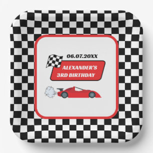 Retro red race car racing boy 3rd birthday paper plate