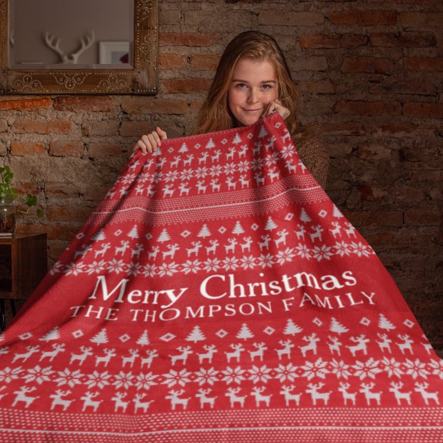 Retro Red Reindeer Custom Merry Christmas Fleece Blanket (Creator Uploaded)