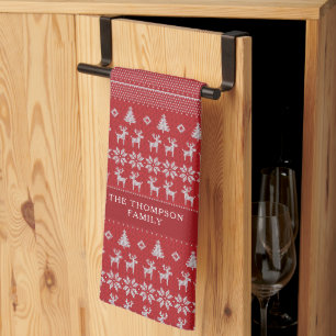 Retro Red Reindeer Monogram Nostalgic Christmas Tea Towel