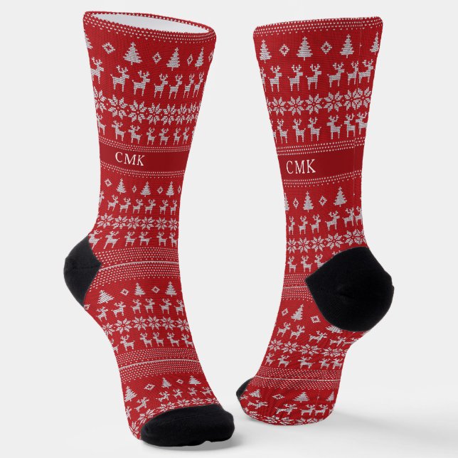Retro Red Reindeer Nostalgic Christmas Monogram Socks (Angled)
