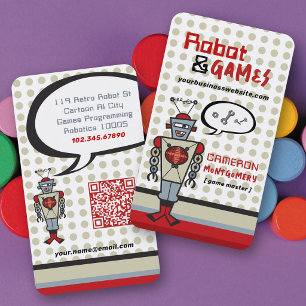 Retro Red Robot & Games Kids Cartoon Nuts & Bolts Business Card