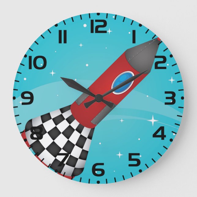 Retro Red Rocket Ship in Space Galactic Large Clock (Front)