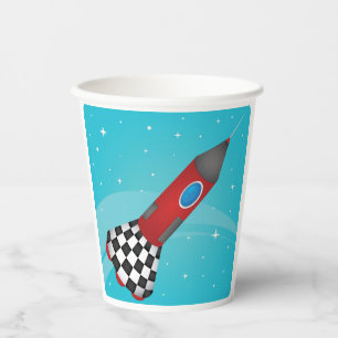 Retro Red Rocket Ship in Space Galactic Paper Cups