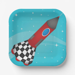 Retro Red Rocket Ship in Space Galactic Paper Plate