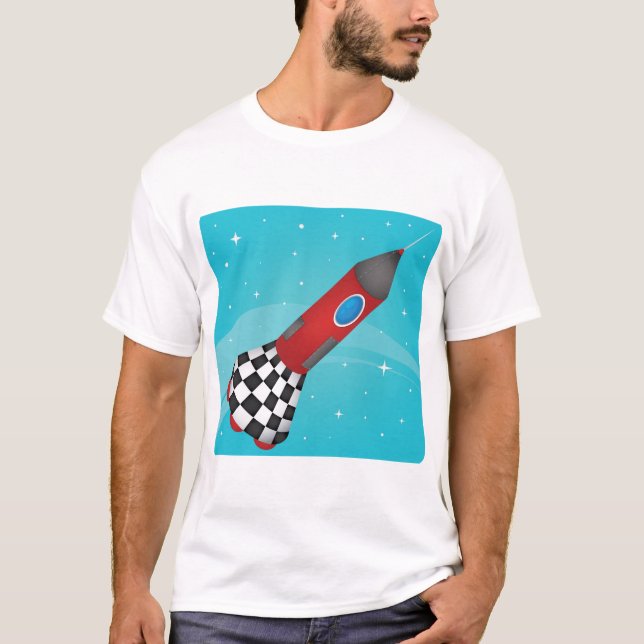 Retro Red Rocket Ship in Space Galactic T-Shirt (Front)