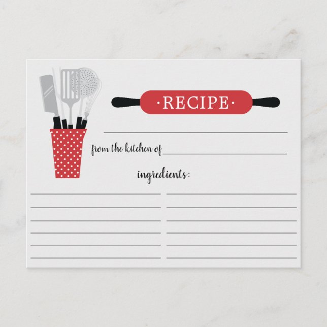 Retro Red Rolling Pin Kitchen Tools Recipe Card (Front)
