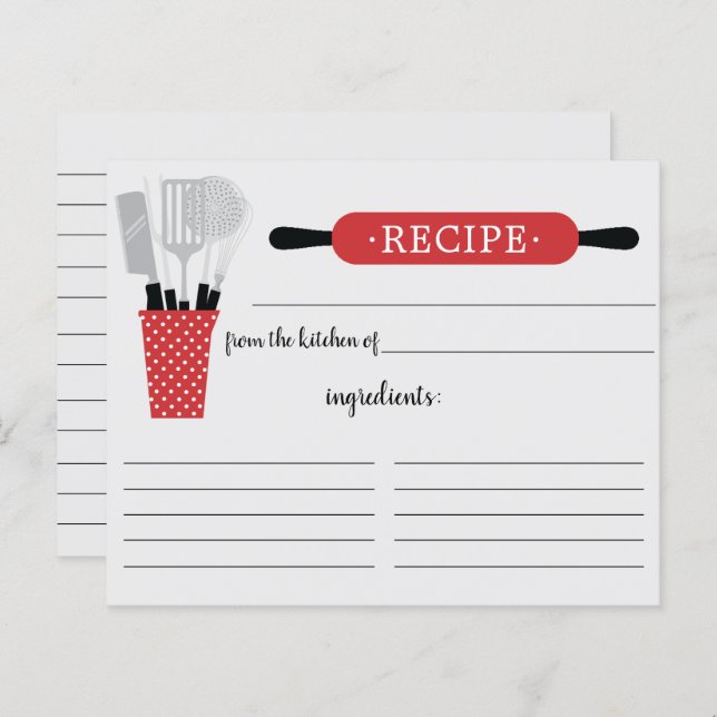 Retro Red Rolling Pin Kitchen Tools Recipe Card (Front/Back)