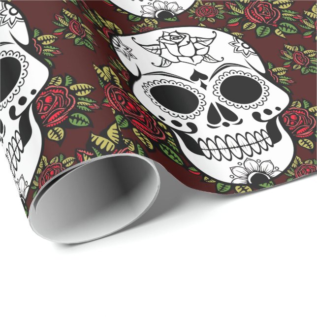 retro red roses Wrapping Paper sugar skull (Roll Corner)