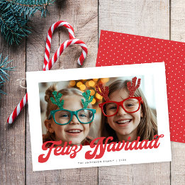 Retro Red Script Feliz Navidad One Photo Holiday Card