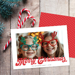 Retro Red Script Merry Christmas One Photo Holiday Card