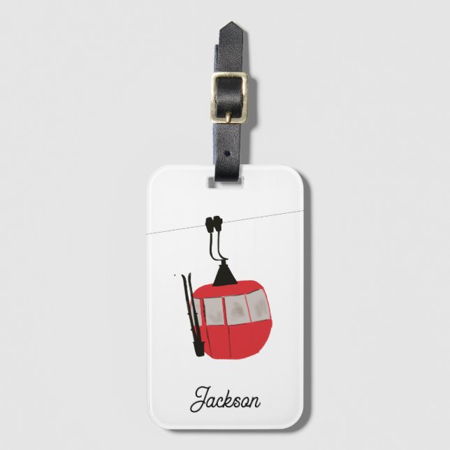 Retro Red Ski Gondola Lift Personalised Luggage Tag (Front Vertical)