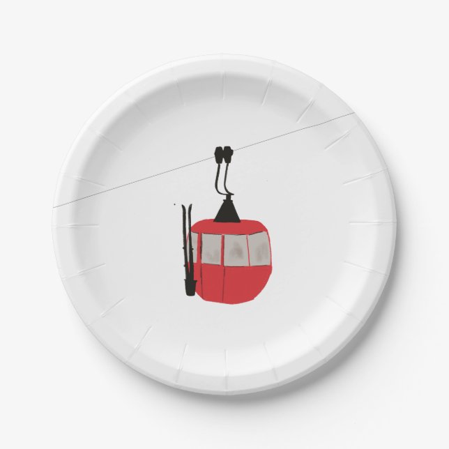 Retro Red Ski Gondola Lift Skiers Paper Plate (Front)