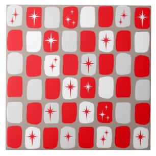 Retro Red Starbursts Ceramic Tile
