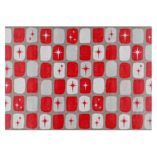 Retro Red Starbursts Glass Cutting Board (Front)