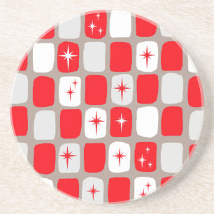 Retro Red Starbursts Sandstone Drink Coaster