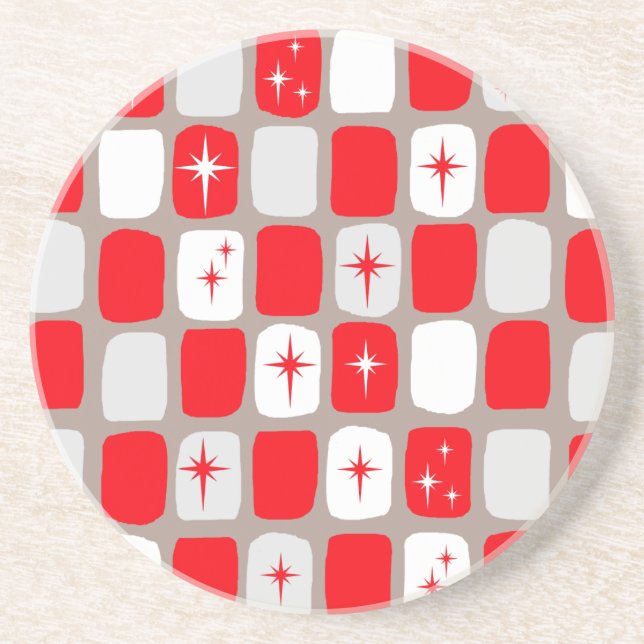 Retro Red Starbursts Sandstone Drink Coaster (Front)