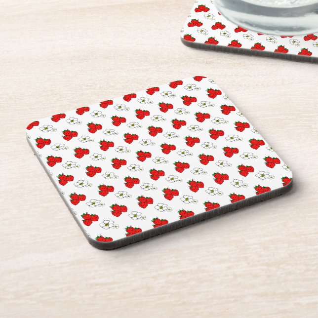 Retro Red Strawberry and Flower Pattern Coaster (Left Side)