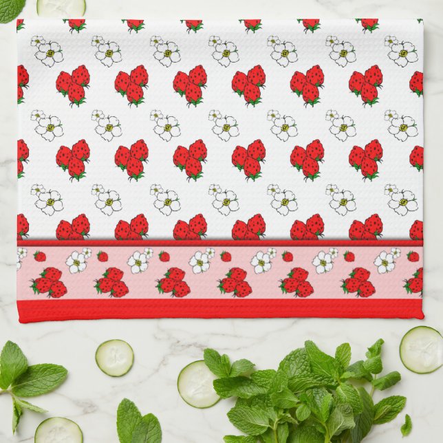 Retro Red Strawberry Patten Kitchen Towel (Folded)
