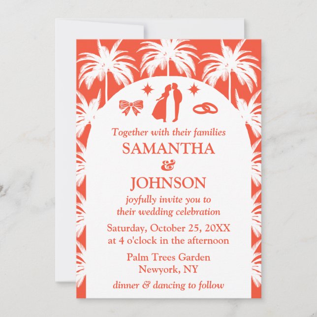 Retro Red Tropical Palm Tree Photo Wedding Invitation (Front)