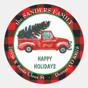 Retro Red Truck2 Christmas Tree Return Address Classic Round Sticker