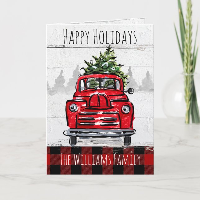 Retro Red Truck and Tree Folded Greeting Card (Front)