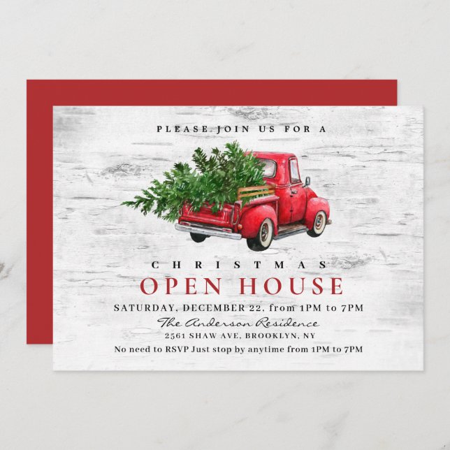 Retro Red Truck Birch Christmas HOLIDAY OPEN HOUSE Invitation (Front/Back)